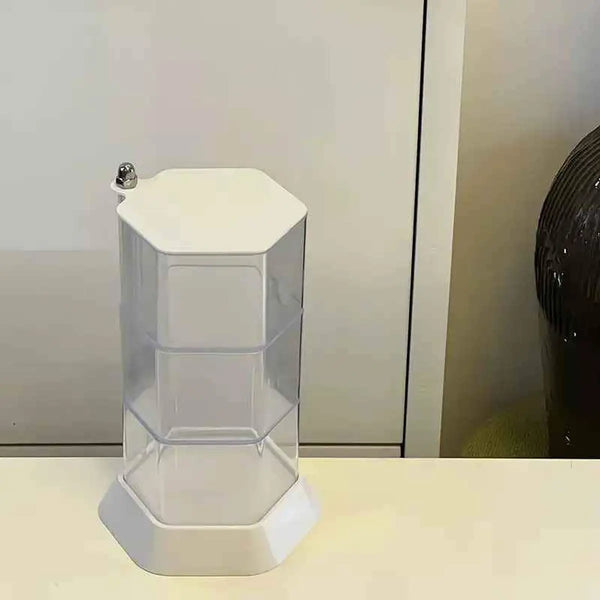 Rotating Hexagonal Acrylic Display Case featuring a 360-degree swivel and lockable design for collectibles.