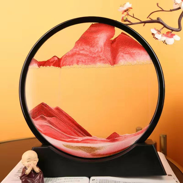 12 inch Round 3D Moving Sand Art Frame with red sand mountains creating a relaxing ambiance in any space.