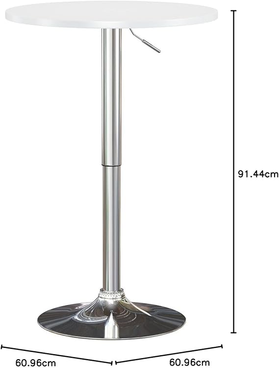 Round Bistro Bar Table with Adjustable Height featuring a sleek design and measurements for optimal fit.