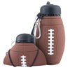 Rugby-Shaped Sports Water Bottle - 600ml Collapsible BPA-Free Silicone in brown with football design.