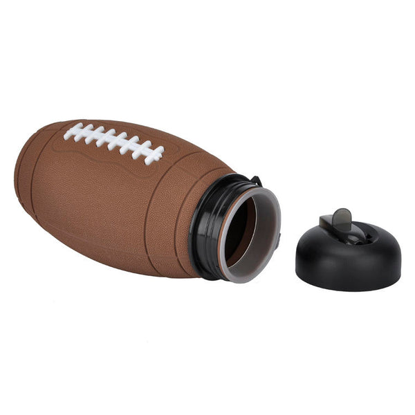 Rugby-Shaped Sports Water Bottle in silicone with a brown football design and removable cap.