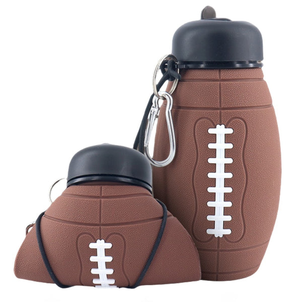 Rugby-Shaped Sports Water Bottle - 600ml Collapsible BPA-Free Silicone in brown with football design.