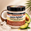 Nourishing Coconut Oil Hair Conditioner in a jar with coconut and avocado illustrations for deep hydration.