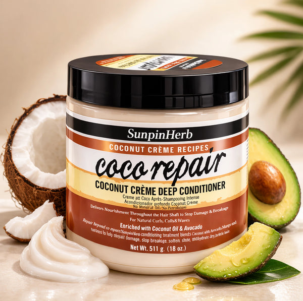 Nourishing Coconut Oil Hair Conditioner in a jar with coconut and avocado illustrations for deep hydration.