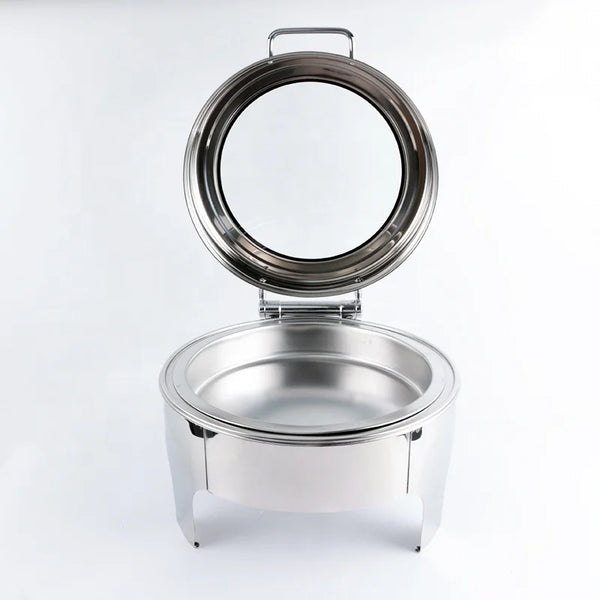 Stainless Steel Single Chafing Dish with lid open, perfect for keeping food warm at events.