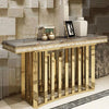 Luxury Gold Stainless Steel Marble Console Table in a stylish interior setting with decorative objects.