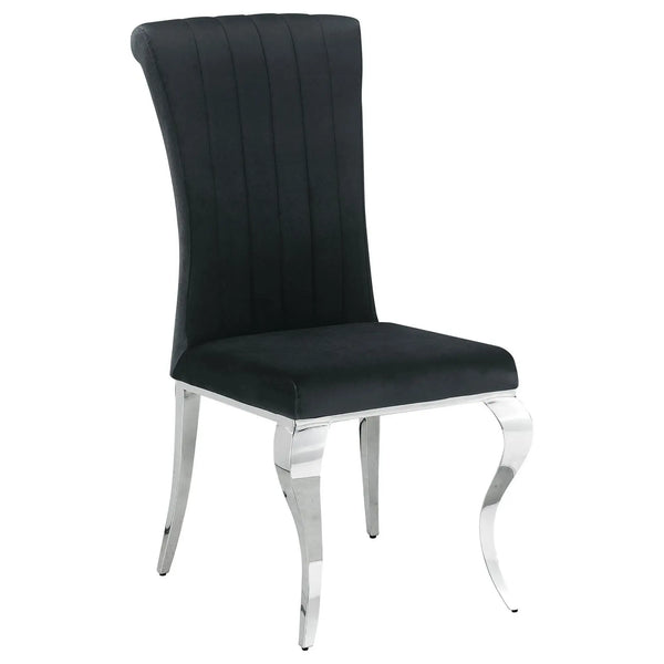 Black Velvet Upholstered Dining Chair with Silver Legs featuring a sleek design and modern elegance.