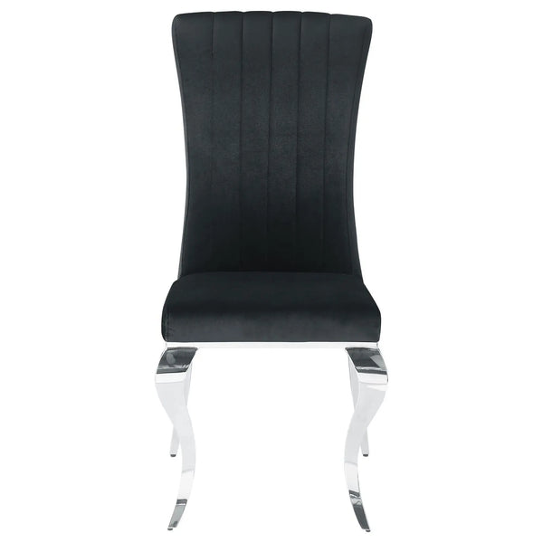 Black Velvet Upholstered Dining Chair with Silver Legs featuring a sleek design and polished chrome legs.