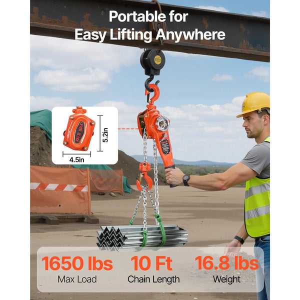 Three-Quarter Ton Manual Lever Chain Hoist lifting heavy materials at a construction site, showcasing its 1650 lbs capacity.