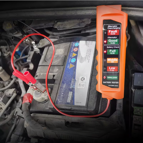 12V-24V Car Battery Diagnostic Tool attached to a car battery, showing charging status and battery health indicators.