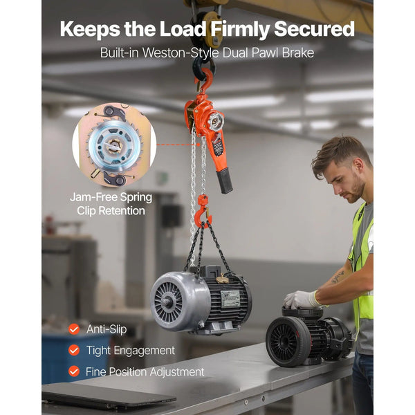 Three-Quarter Ton Manual Lever Chain Hoist with built-in Weston-style dual pawl brake for load security.