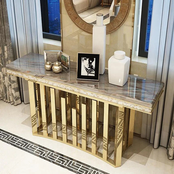 Luxury Gold Stainless Steel Marble Console Table featuring a marble top and striking gold stainless steel base in a stylish setting.
