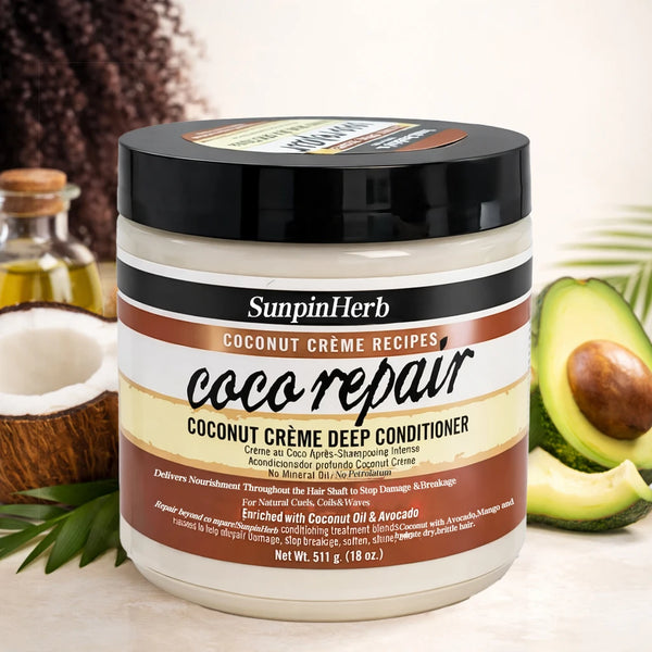 Nourishing Coconut Oil Hair Conditioner in a jar with a tropical background featuring coconut and avocado.