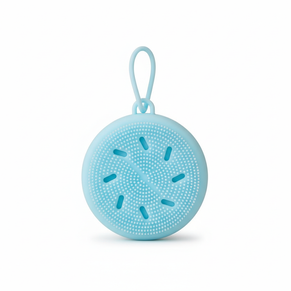Silicone Care Hair Silicone Scalp Massager in blue color with a hanging loop for convenient storage.