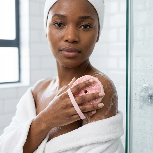 Woman using Silicone Care Hair Silicone Scalp Massager in the shower for scalp stimulation and exfoliation.