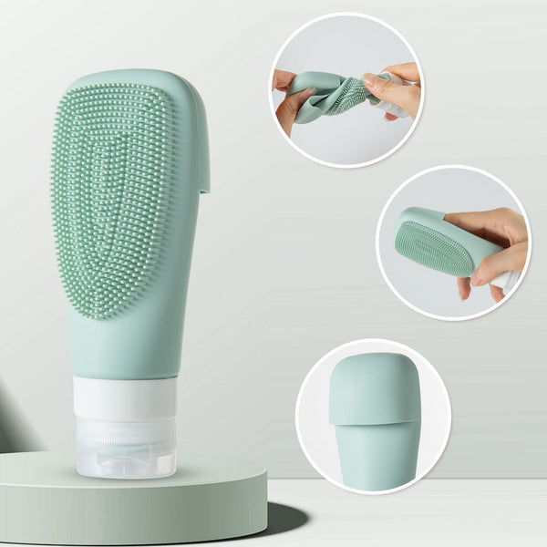 Silicone refillable shampoo lotion bottles in mint green with squeeze feature for travel and convenience.