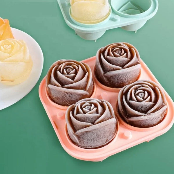 Silicone Rose Shaped Ice Cube Tray with rose-shaped ice cubes in various colors.