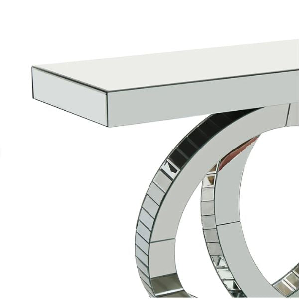 Luxury Silver Infinity Mirror Console Table showcasing sleek design and mirrored finish.