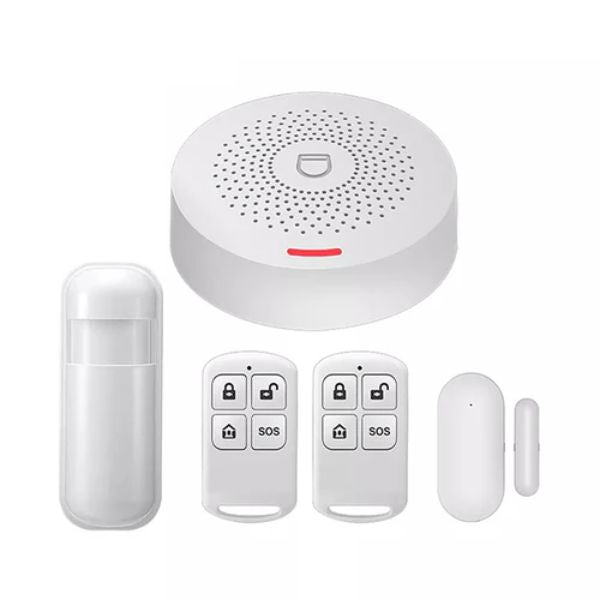 Smart Wifi Home Alarm System Kit with sensors and remote controls for home security and smart monitoring.