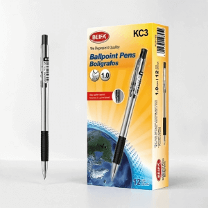 50 PCS Smooth Side-Click Ballpoint Pen Set displayed with one pen and packaging, showcasing quality and black ink.