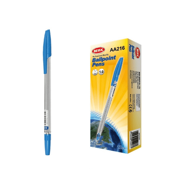 12 pcs Smooth Writing Ballpoint Pen 1.0mm Blue Ink - blue ink pen with packaging box showing contents.