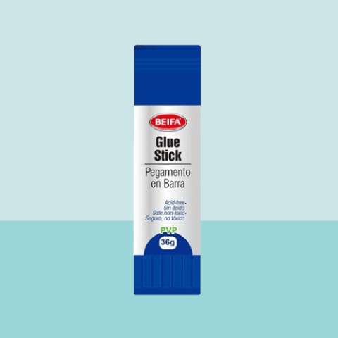 Strong Adhesive Glue Stick 36g packaging on a light blue background, ideal for school and office use.