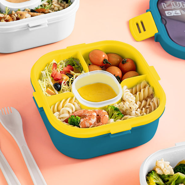 Stylish Two-Tier Airtight Lunch Box with colorful compartments and fresh meal display.