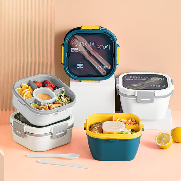 Stylish Two-Tier Airtight Lunch Box in various colors, showcasing durability and modern design for meals on-the-go.