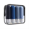 Travel Silicone Lotion Bottles in a clear travel case, featuring four refillable squeeze bottles in blue and navy.
