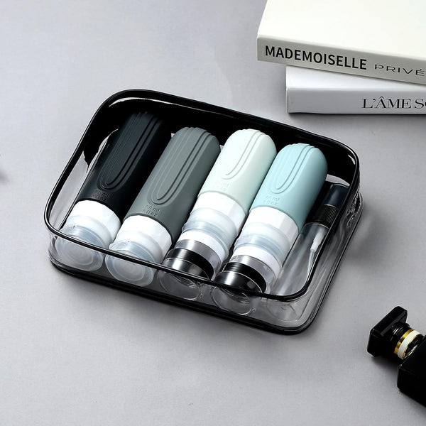 Travel Silicone Lotion Bottles in a transparent case, showcasing various colors and designed for easy travel.