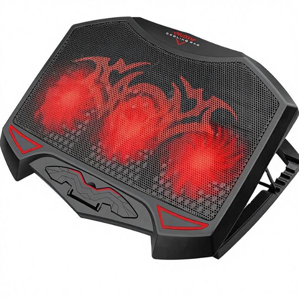 Triple Fan Air-Cooling Laptop Pad with three red LED fans and a sleek black design for optimal laptop cooling.
