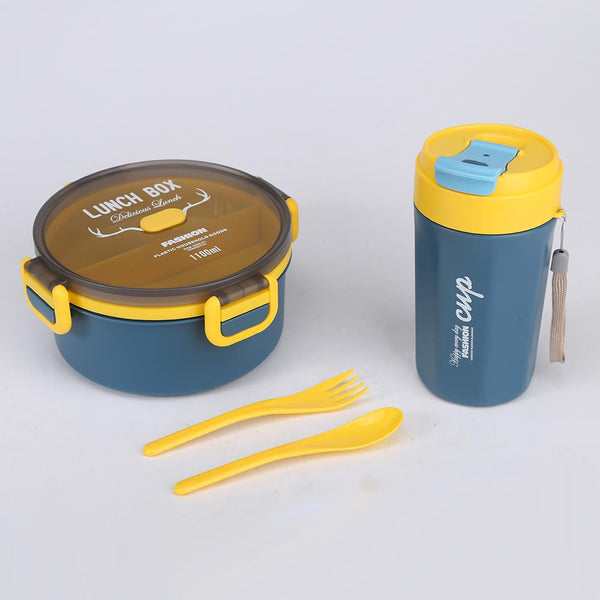 Two-Tier Adult Lunch Box with silicone accessories including utensils and a cup in blue and yellow.