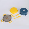 Two-Tier Adult Lunch Box with silicone accessories, featuring yellow and blue containers, plus utensils for convenient meals.