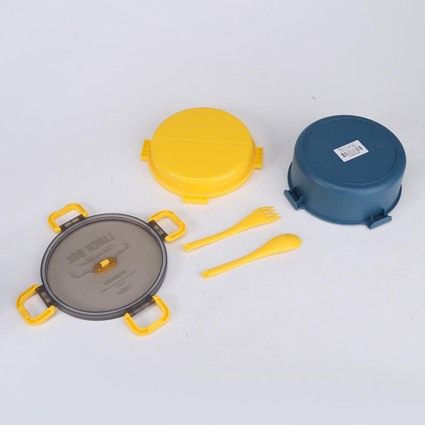 Two-Tier Adult Lunch Box with silicone accessories, featuring yellow and blue containers, plus utensils for convenient meals.