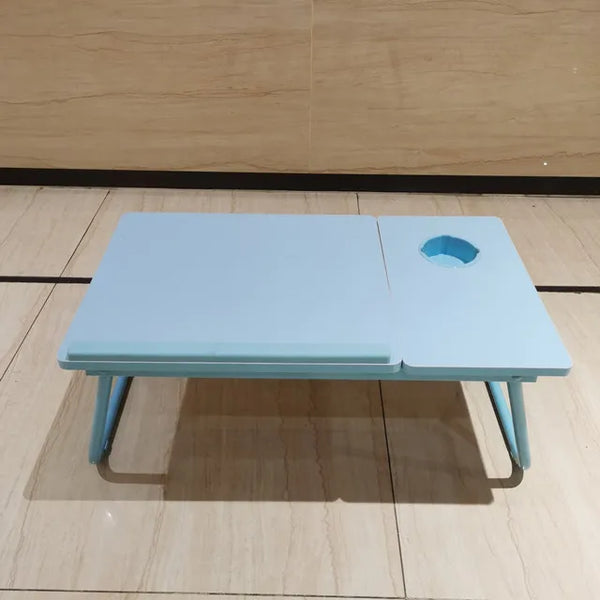 Folding Laptop Bed Desk with Cup Holder in blue color, perfect for creating a workspace on sofa or bed.