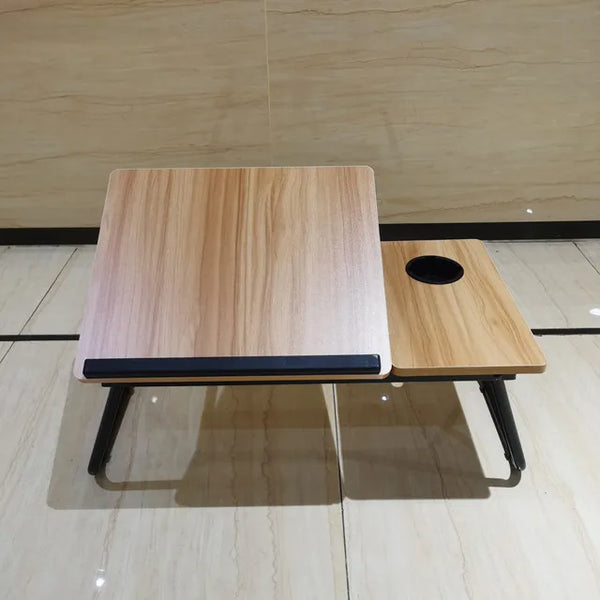 Folding Laptop Bed Desk with Cup Holder shown in a wood finish, ideal for comfortable workspace on sofa or bed.