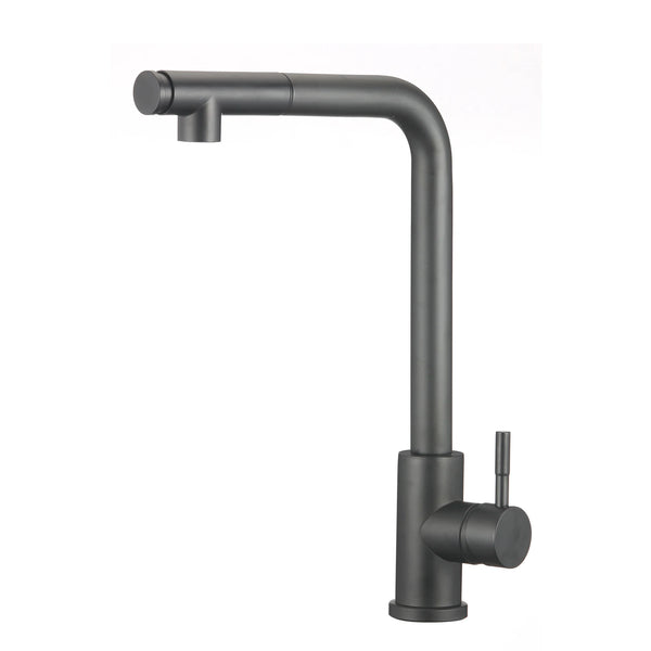 Matte Black Single Handle Kitchen Sink Faucet with high-arc design and pull-out sprayer for versatile use.