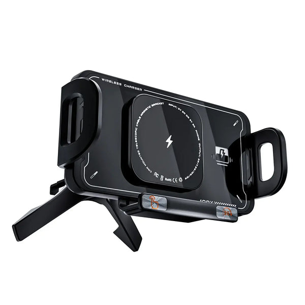 Universal Foldable Mobile Phone Stand angled view with smartphone charging wirelessly on it.