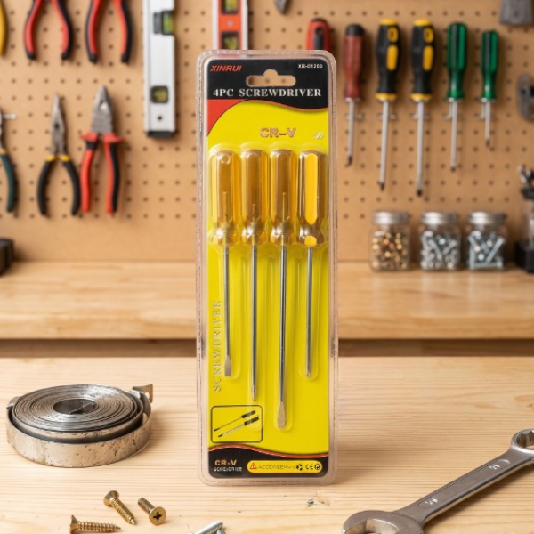 4 Piece Amber Handle Precision Screwdriver Kit displayed in packaging with wooden background and tools.