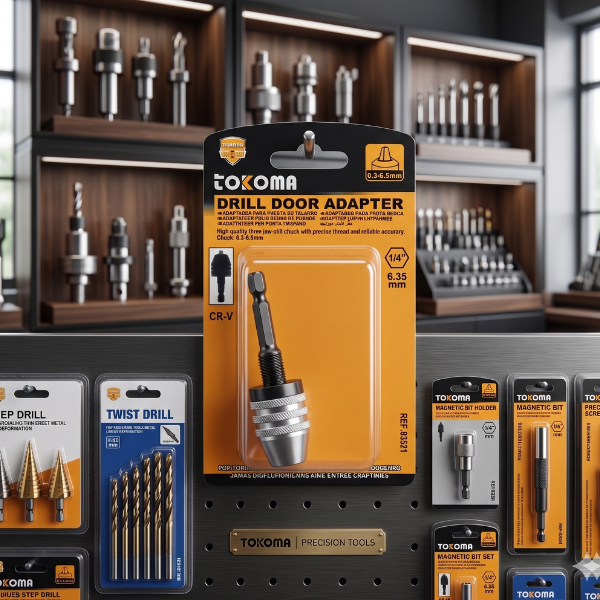 Keyless Drill Chuck Adapter for Impact Drivers and Power Drills displayed with various drill accessories.