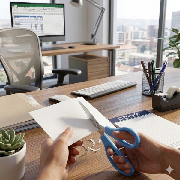 Person using Multipurpose Stainless Steel Office and Kitchen Scissors to cut paper at a modern office desk.