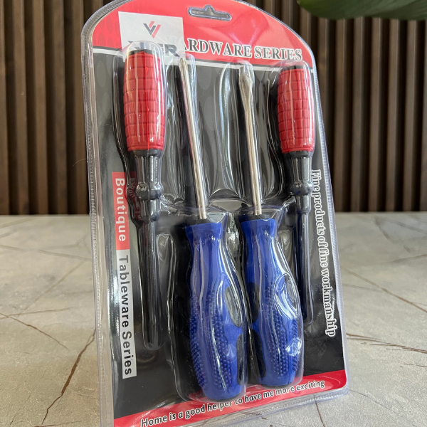 4-Piece Magnetic Precision Screwdriver Set in packaging with red and blue handles for electronics repair.