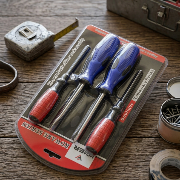 4-Piece Magnetic Precision Screwdriver Set in packaging on wooden table with other tools.