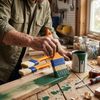 Person using a Professional 3 Inch Nylon Paint Brush to apply green paint on wood in a workshop.