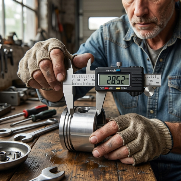 A person using a 150mm High Precision Digital Vernier Caliper to measure a metallic piston in a workshop.