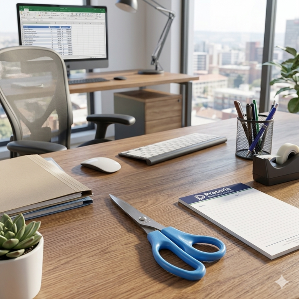 Desk showcasing Multipurpose Stainless Steel Office and Kitchen Scissors among office supplies and a computer.