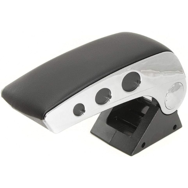Professional Car Armrest Storage Box with chrome accents and black leather upholstery for added comfort.