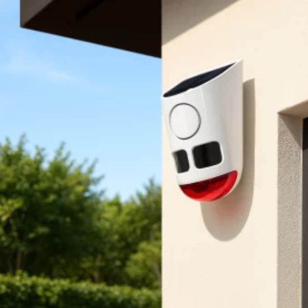 Solar Garden Light Motion Sensor Alarm mounted on a wall, featuring motion detection and flashing lights for security.