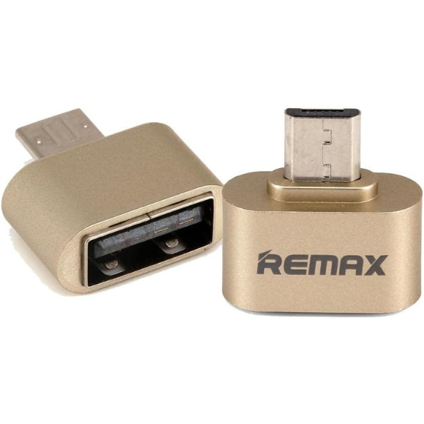 OTG USB Adapter for Android in gold color, featuring a USB connector and a micro USB port, by REMAX.