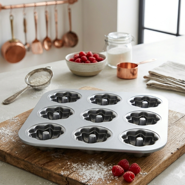 Non-Stick 9-Cavity Square Muffin Pan displayed on a wooden cutting board with raspberries and baking ingredients.